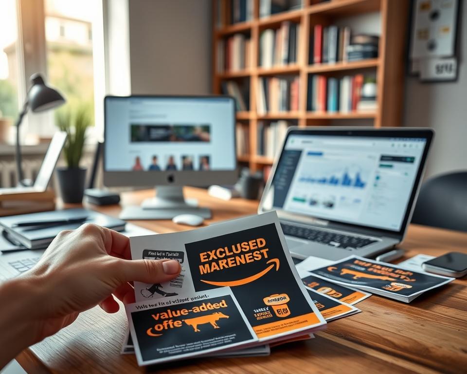 A well-organized workspace featuring a variety of Amazon product inserts laid out neatly on a wooden desk. In the foreground, a hand reaches for an insert showcasing eye-catching designs and compelling visuals that highlight value-added offers, like exclusive discounts or customer feedback requests. The middle ground includes a laptop displaying an open Amazon seller dashboard, with key performance metrics visible. The background reveals soft-focus bookshelves filled with marketing books, emphasizing a professional and educational atmosphere. Natural light streams in from a window, creating a warm, inviting ambiance, while a shallow depth of field draws attention to the inserts and the laptop screen. The overall mood is focused, motivational, and geared towards enhancing business strategies. A well-organized workspace featuring a variety of Amazon product inserts laid out neatly on a wooden desk. In the foreground, a hand reaches for an insert showcasing eye-catching designs and compelling visuals that highlight value-added offers, like exclusive discounts or customer feedback requests. The middle ground includes a laptop displaying an open Amazon seller dashboard, with key performance metrics visible. The background reveals soft-focus bookshelves filled with marketing books, emphasizing a professional and educational atmosphere. Natural light streams in from a window, creating a warm, inviting ambiance, while a shallow depth of field draws attention to the inserts and the laptop screen. The overall mood is focused, motivational, and geared towards enhancing business strategies.